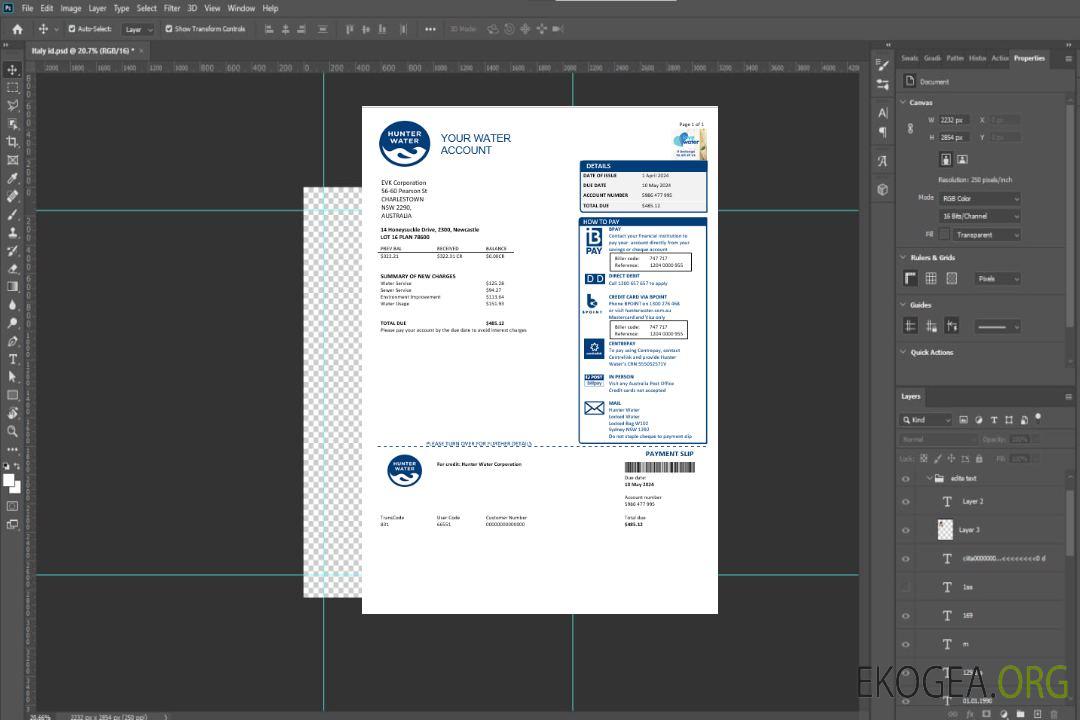 Modèle de facture de services publics d'Australie Hunter Water au format Word et PDF template Modèle de facture de services publics d'Australie Hunter Water au format Word et PDF template